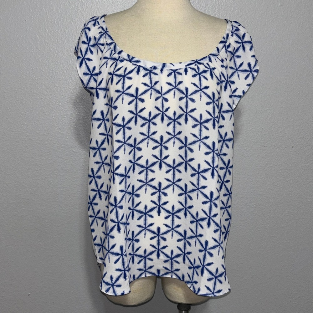 LOFT Outlet Blue White Starburst Floral‎ Blouse Women's M Cap Sleeve Lightweight